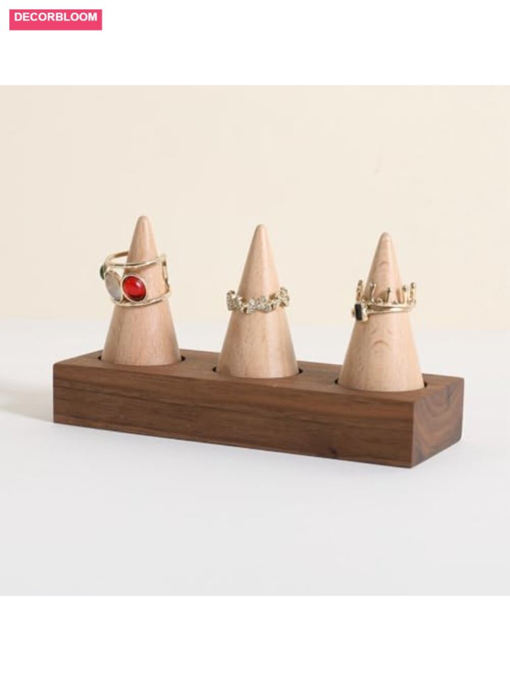 Walnut Wood Ring Holder with 3 Cones for Jewelry Display